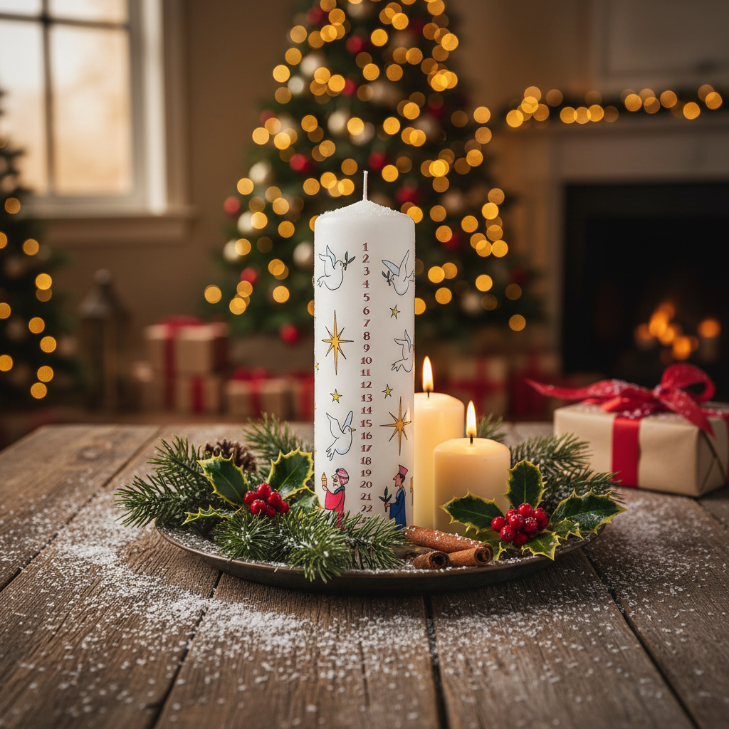 Decorative candle with illustrations and numbers on a white background
