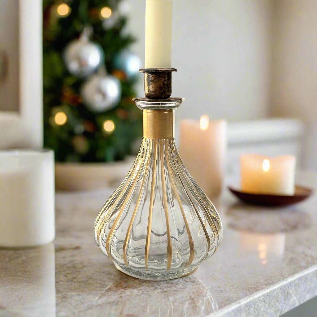 Vintage Style Glass Christmas Candle Holder with Gold Finish