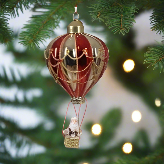 Red and Gold Hot Air Balloon with Santa Glass Christmas Tree Decoration