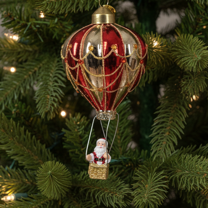 Red and Gold Hot Air Balloon with Santa Glass Christmas Tree Decoration