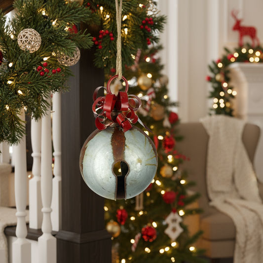 Vintage Style Large Silver and Red Christmas Bell Decoration