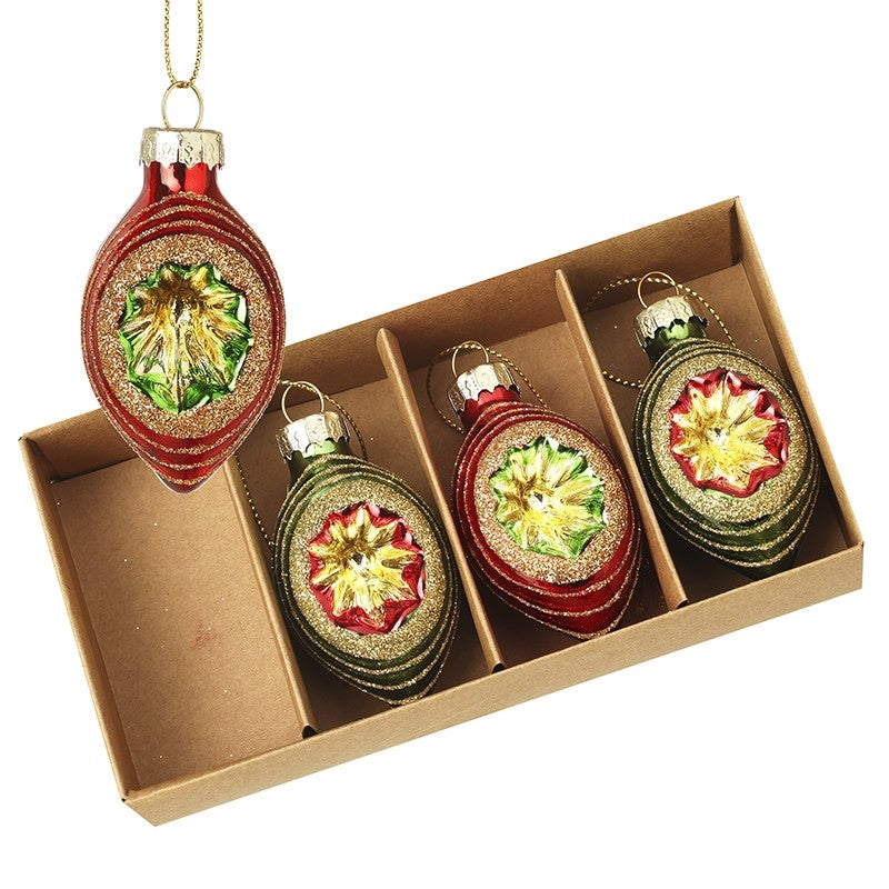 Set of 4 Ornate Green and Red Oval Baubles