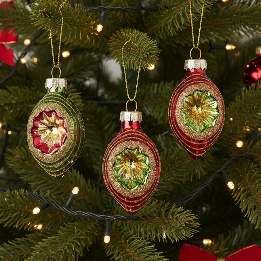 Set of 4 Ornate Green and Red Oval Baubles