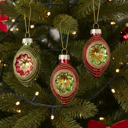 Set of 4 Ornate Green and Red Oval Baubles