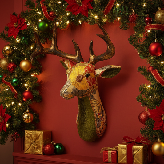 Vintage Style Fabric Stags Head Christmas Decoration