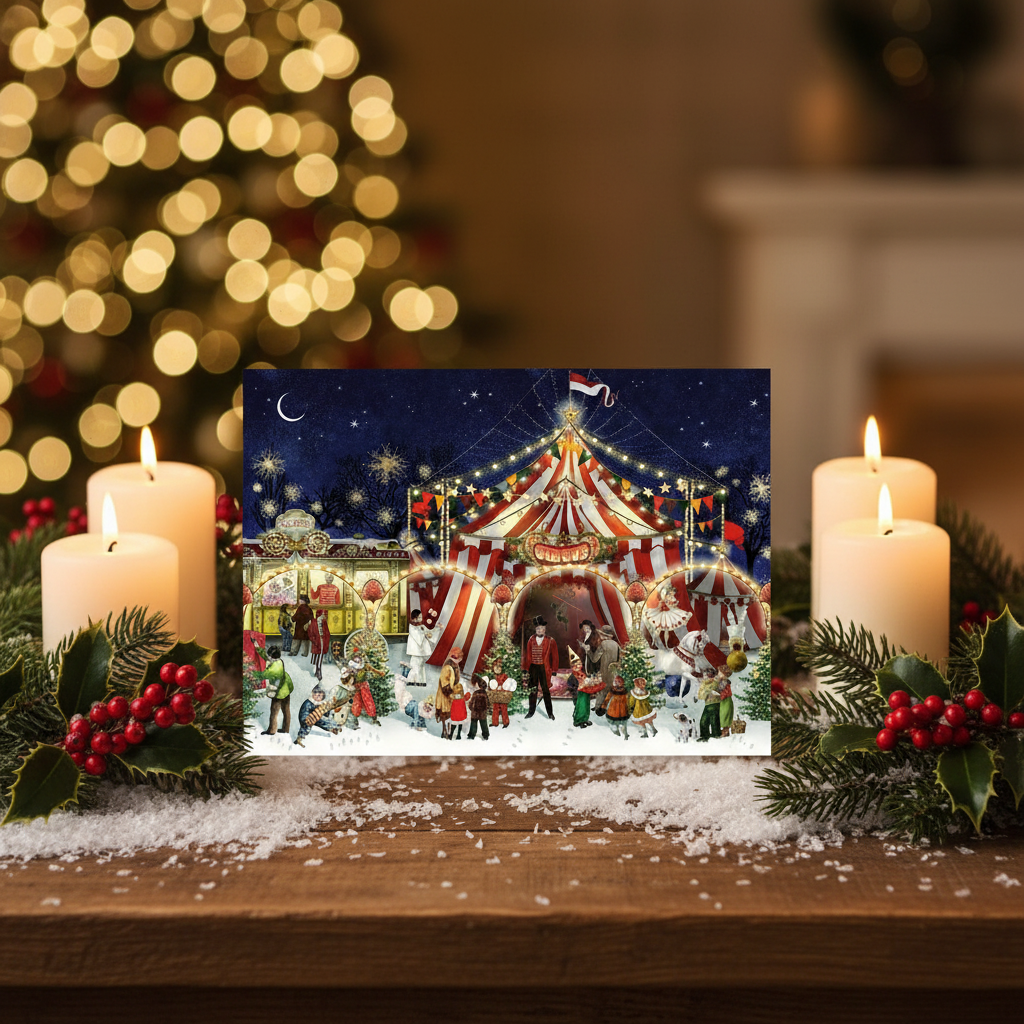 Christmas card with a festive scene of people around a decorated tent, surrounded by candles and holly on a wooden surface.