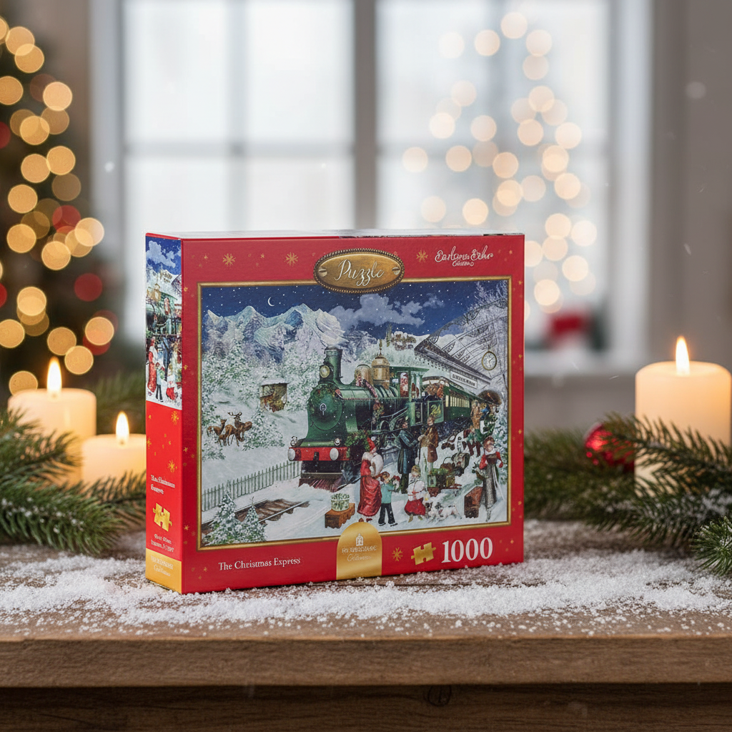 A 1000 piece jigsaw puzzle depicting a Victorian-inspired Christmas train scene, with a red and green train in a snowy landscape.