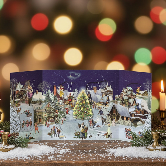 A Coppenrath winter village advent calendar depicting a vibrant scene of snow-covered alpine village with Christmas figures and a Christmas tree.