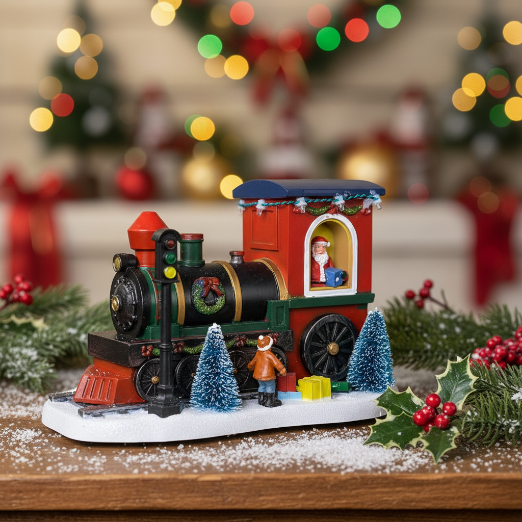 An illuminated Christmas train decoration featuring a red and green train with a Santa Claus figure, a reindeer, and a small child in front of the train. The train is adorned with Christmas decorations, and there is snow on the ground.