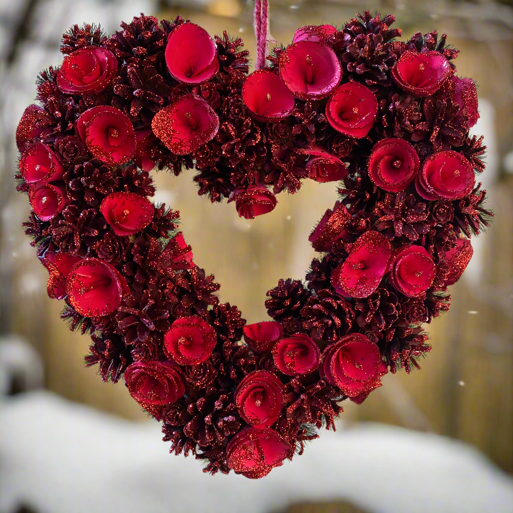 Red Christmas Pinecone Heart Wreath