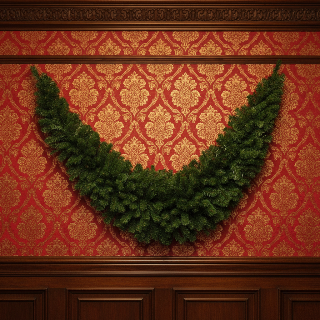 Green wreath on a red and gold patterned wall