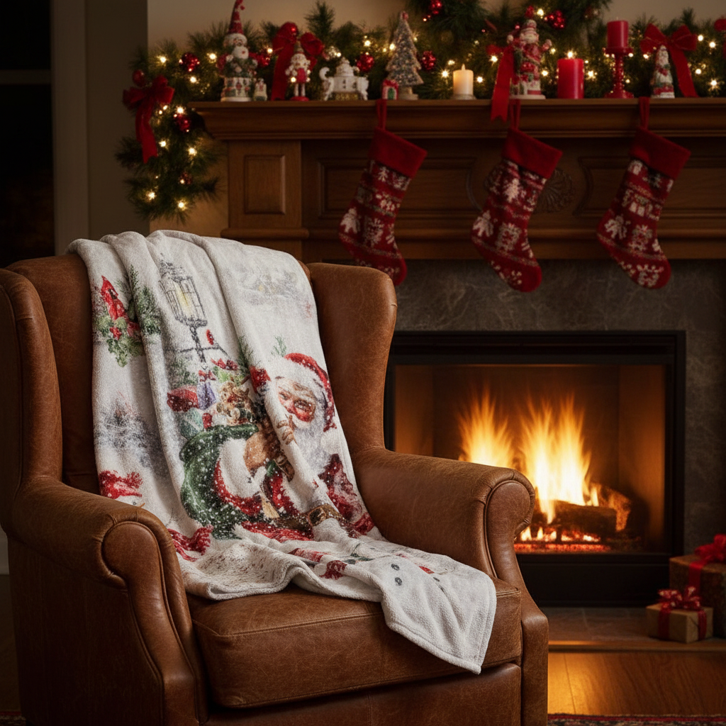A Christmas themed throw featuring an illustration of Santa Claus and snowmen on a white background.