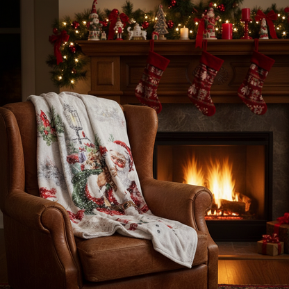 A Christmas themed throw featuring an illustration of Santa Claus and snowmen on a white background.