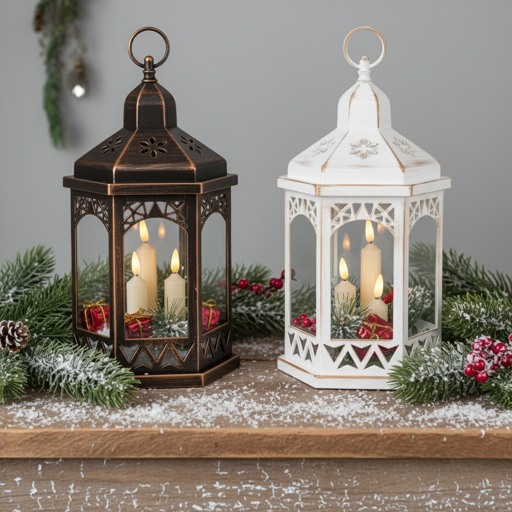 Two decorative lanterns with candles on a wooden surface with a Christmas-themed background.