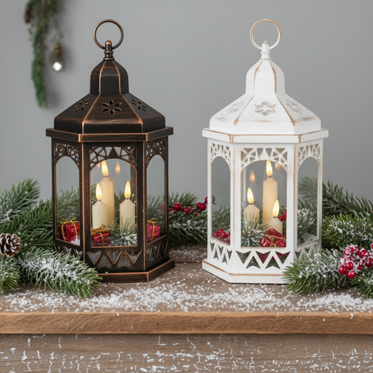 Two decorative lanterns with candles on a wooden surface with a Christmas-themed background.