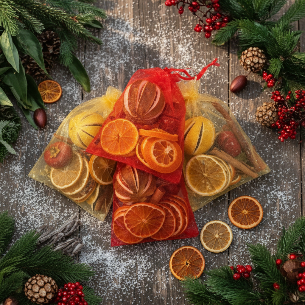 Festive Fruits and Cones Christmas Organza Bag