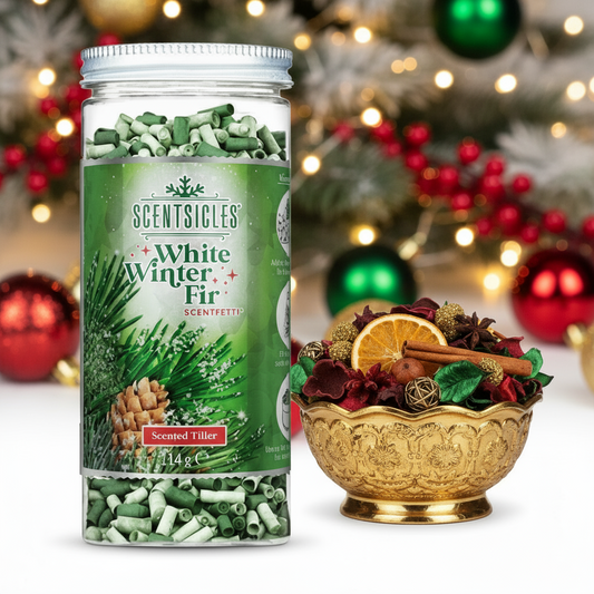 Scentsicles White Winter Fir scented tiller with a decorative bowl of winter elements on a white background