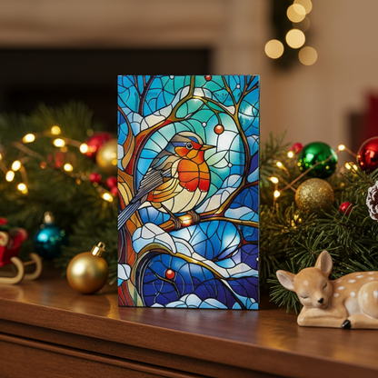 Robin on Branch Stained Glass Lit Christmas Ornament