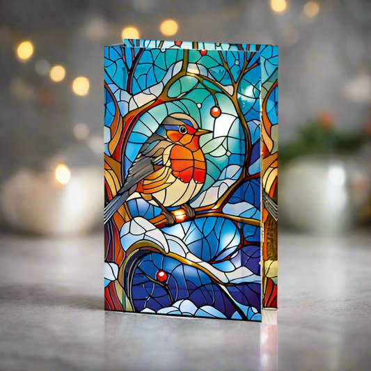 Robin on Branch Stained Glass Lit Ornament