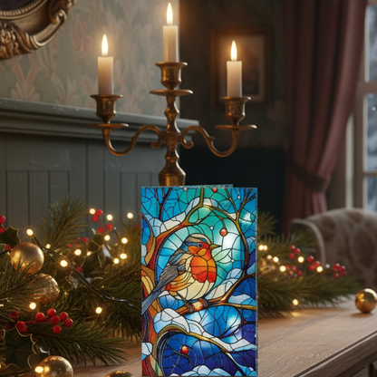 Stained glass-style card with a bird design on a white background