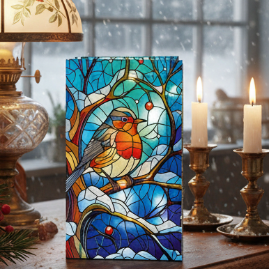 Stained glass-style card with a bird design on a white background