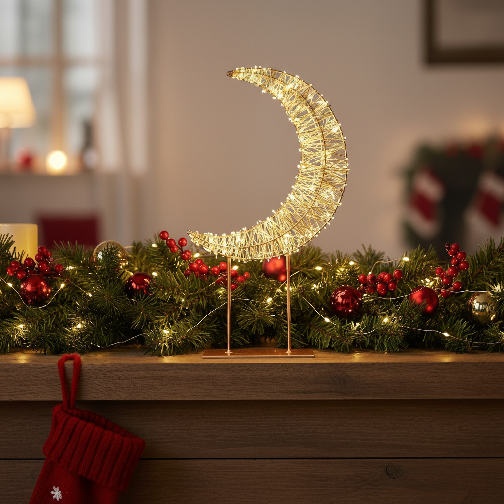 Decorative moon light on a stand with Christmas garland and stockings in the background