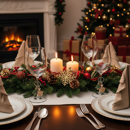 Packaged glass wine charms with Christmas designs on a white background