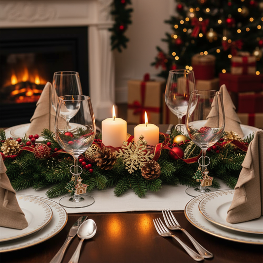 Packaged glass wine charms with Christmas designs on a white background