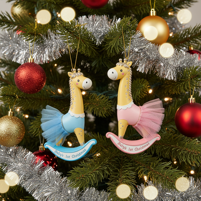 Two horse-shaped Christmas ornaments on a decorated tree with lights and tinsel.
