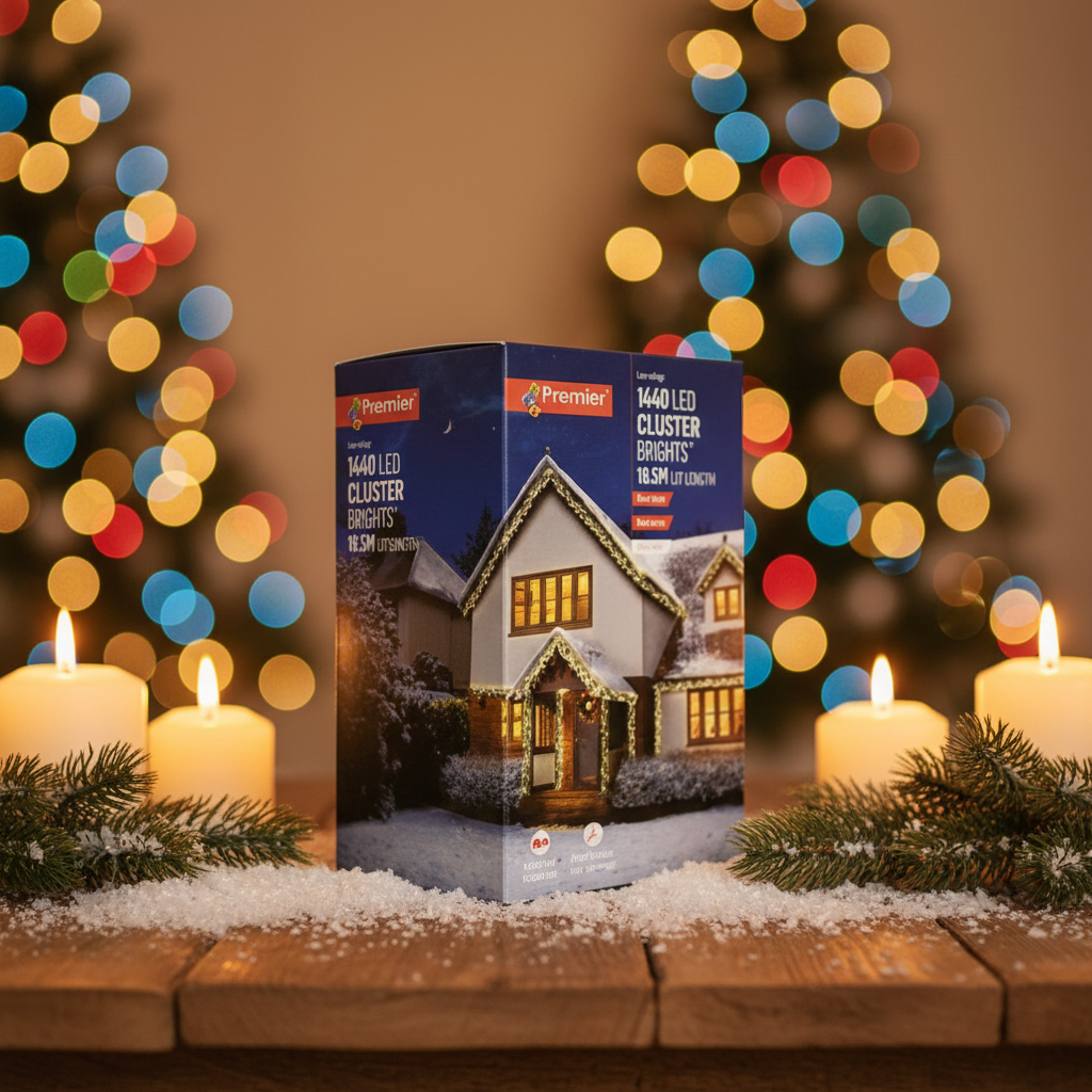 Box of Premier LED Cluster Lights with a house decorated with lights on the cover