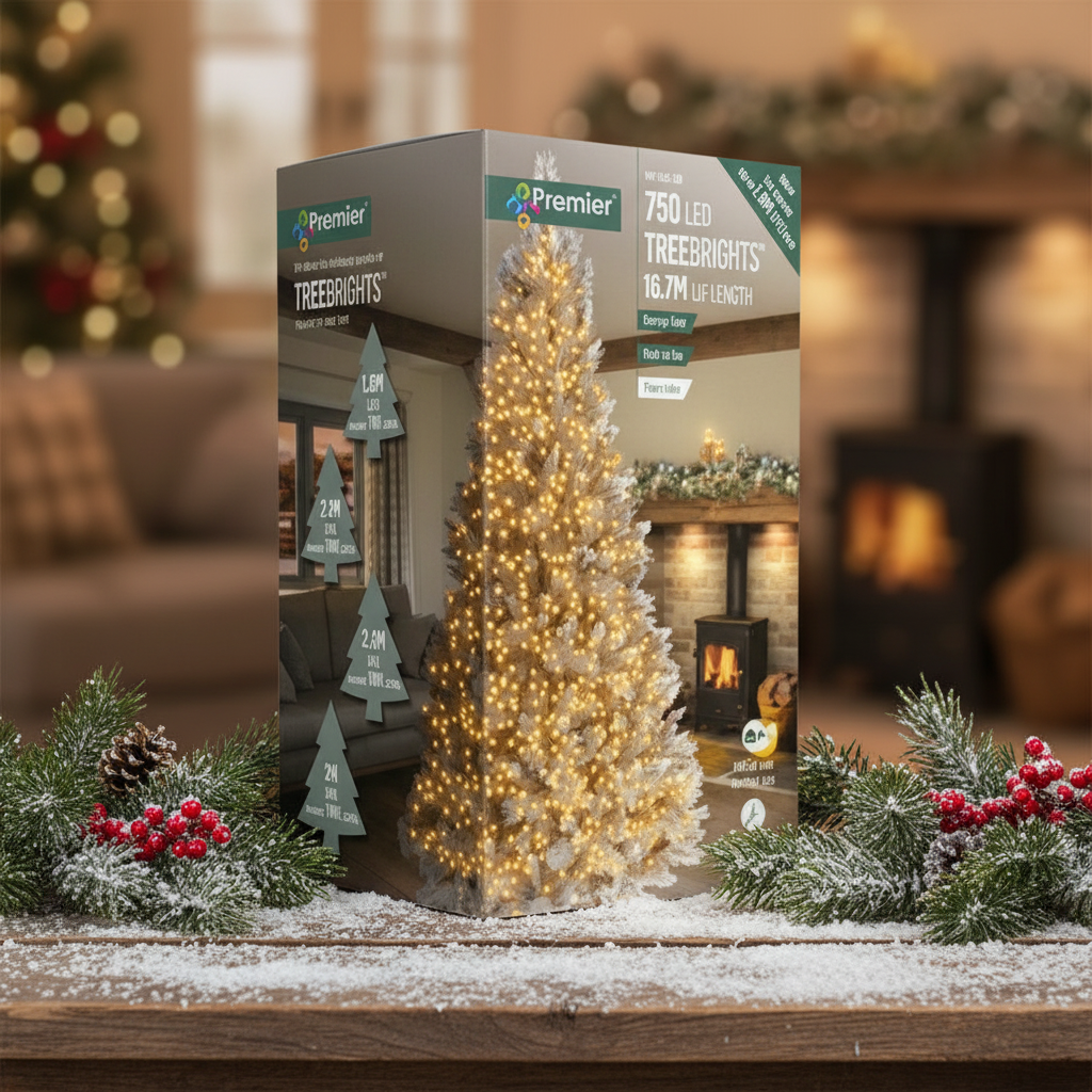 Christmas tree packaging with a decorated tree inside, on a white background