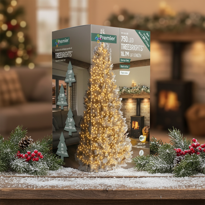 Christmas tree packaging with a decorated tree inside, on a white background