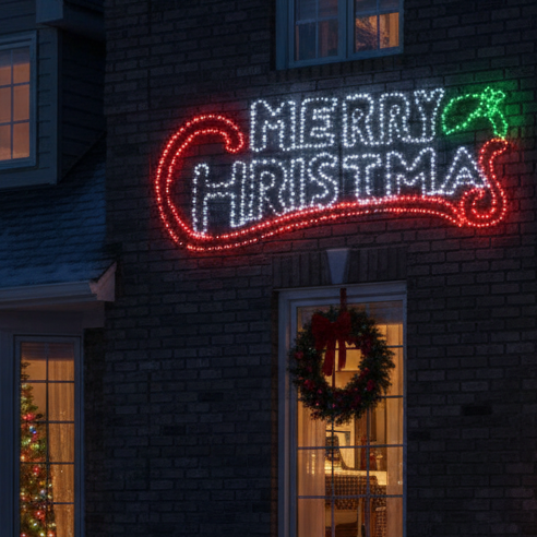 House decorated for Christmas with a 'Merry Christmas' sign and wreaths.