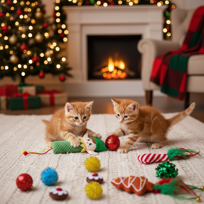 A collection of Christmas-themed cat toys including a green elf figure, red and green Christmas tree, a Santa hat, various colored balls, and feathered decorations.