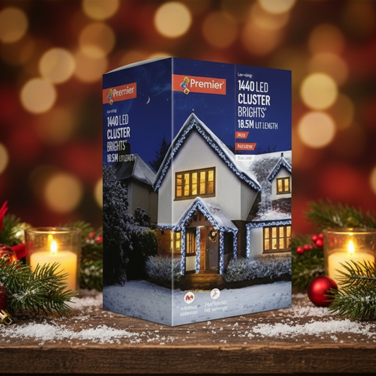 Box of Premier LED Cluster Lights with a house illustration on a white background