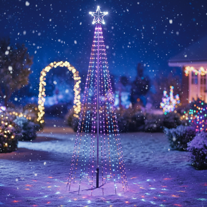 A black pyramid-shaped outdoor Christmas tree decoration with multicolored LED lights and a glowing Christmas star on top.