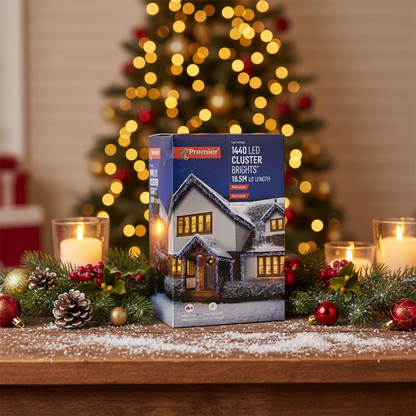 Box of Premier LED Cluster Lights with a house illustration on a white background