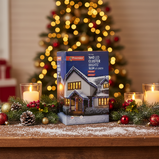 Box of Premier LED Cluster Lights with a house illustration on a white background