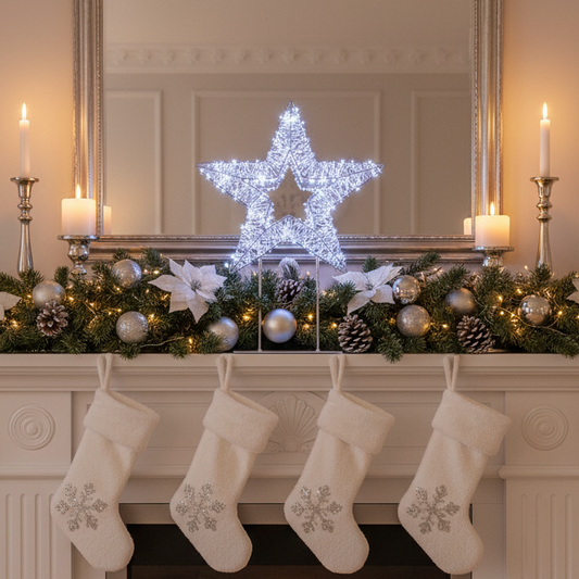 Decorative Christmas mantel with stockings, garland, and a star-shaped light fixture.