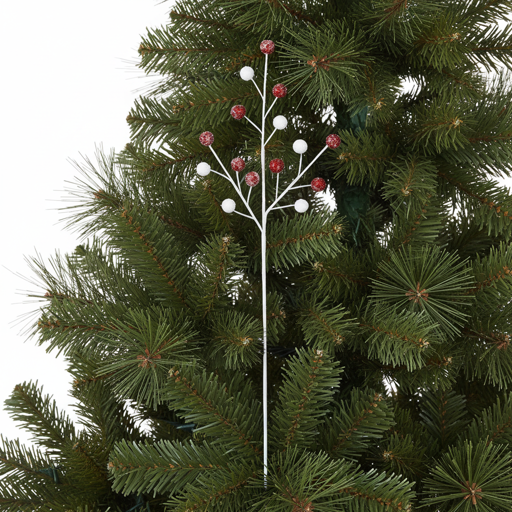 A stem with red and white frosted pom poms.