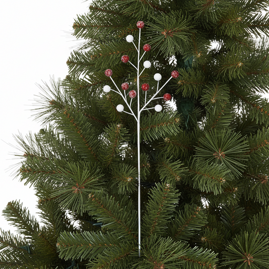 A stem with red and white frosted pom poms.