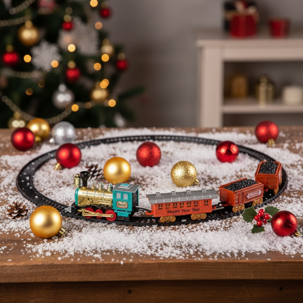 A battery-operated Christmas train set with a circular track and multicolored train including a locomotive and carriages, displayed on a wooden floor.