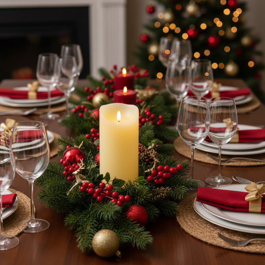 Decorated Christmas table with candles, glasses, and festive decorations.