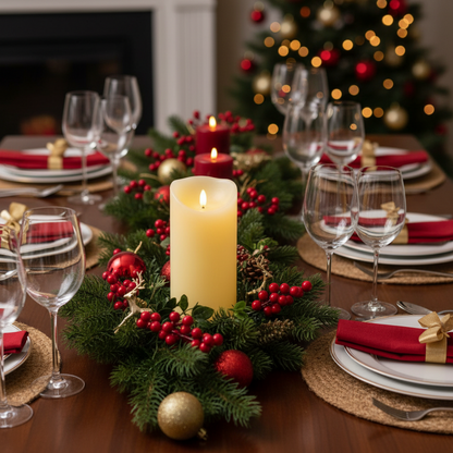 Decorated Christmas table with candles, glasses, and festive decorations.