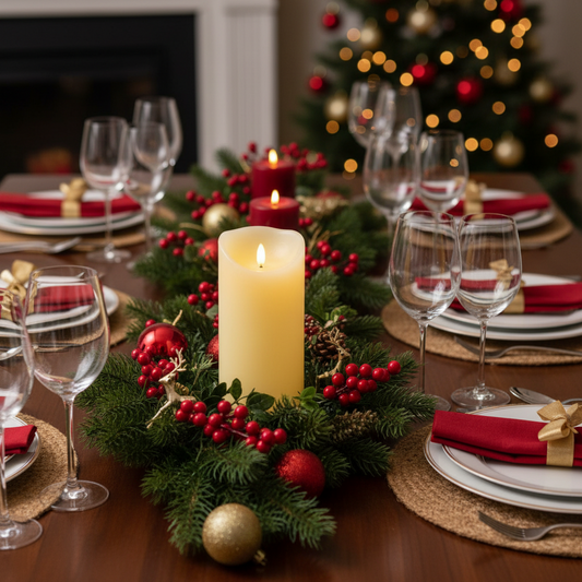 Decorated Christmas table with candles, glasses, and festive decorations.