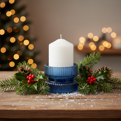 A blue glass candle holder with a central cylindrical design and a lit candle on top, placed on a white surface.