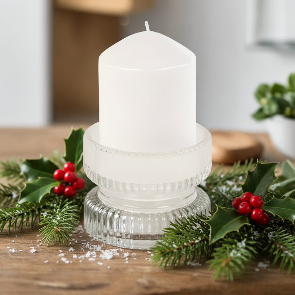 A clear glass candle holder with a textured design, displaying a candle inside, placed on a wooden surface with a plant in the background.