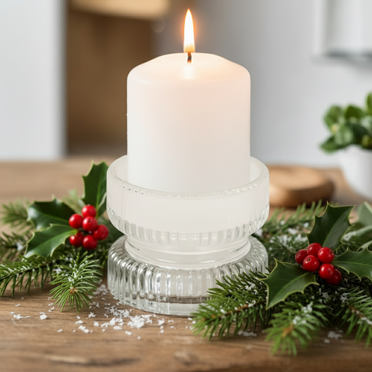 White candle in a decorative holder with holly leaves and berries on a wooden surface