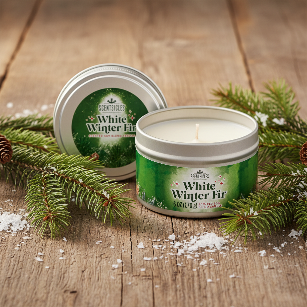 Candle in a tin labeled 'White Winter Fir' on a white background