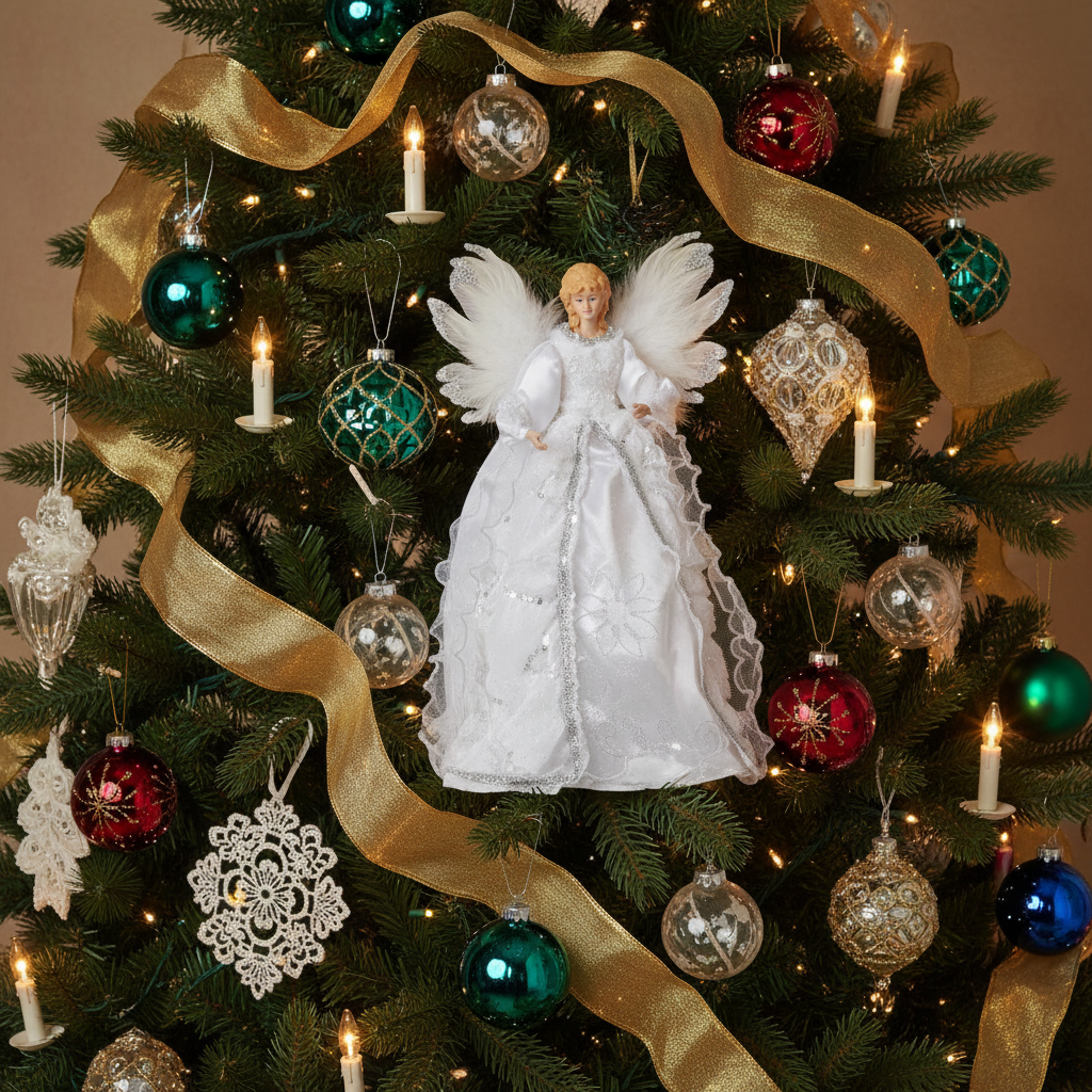 Decorative angel figurine with white wings and gown on a white background